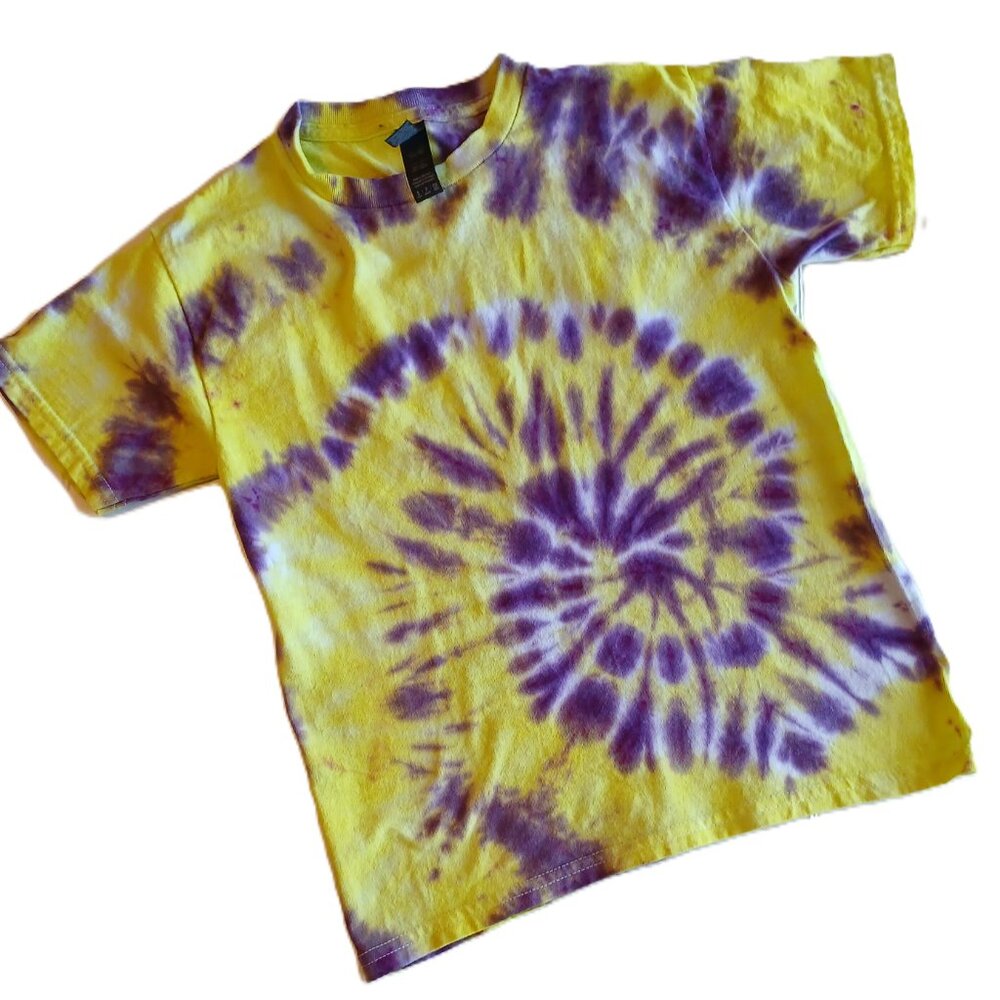 Yellow and Purple Tie Dye T Shirt with Swirl Pattern Unisex Kids Size Small - Picture 2 of 16